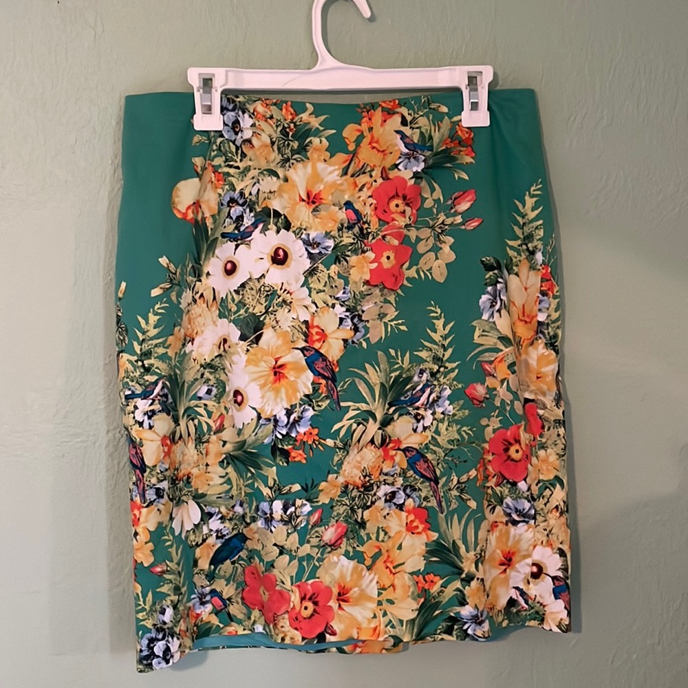 Eric Sinature floral/birds teal multi-color A-line skirt sz‎ 12